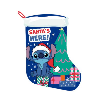 Meia de Natal azul com personagem Stitch, árvore de Natal e presentes.
