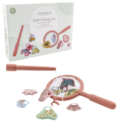 Brinquedo de pesca para banho colorido com cana e rede cor de rosa, figuras de animais e embalagem ao fundo