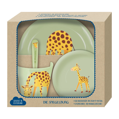 Conjunto de jantar infantil verde com ilustrações de girafas amarelas
