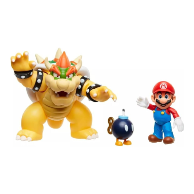 Figuras de ação Bowser, Bob-omb e Mario em fundo branco