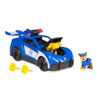 Carrinha de polícia de brinquedo azul com acessórios e figura de cão em uniforme