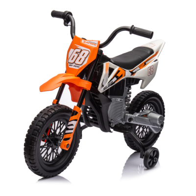 Motociclo infantil laranja, preto e branco com número 68 e rodinhas auxiliares