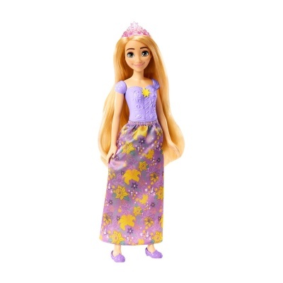 Boneca princesa loira com vestido roxo e coroa rosa sobre fundo branco