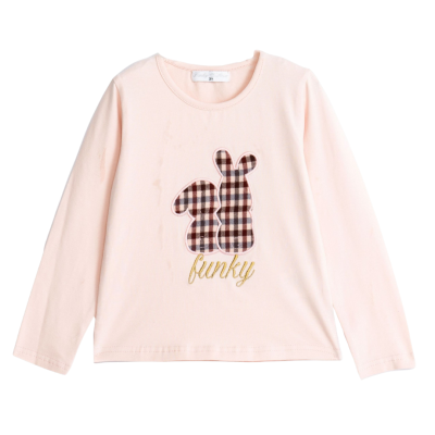 Camisola de manga comprida rosa clara com aplique xadrez e texto funky