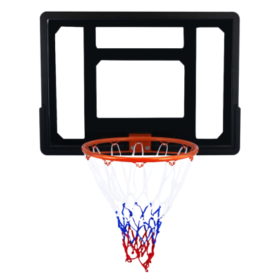 Aro de basquetebol com tabela preta e rede tricolor