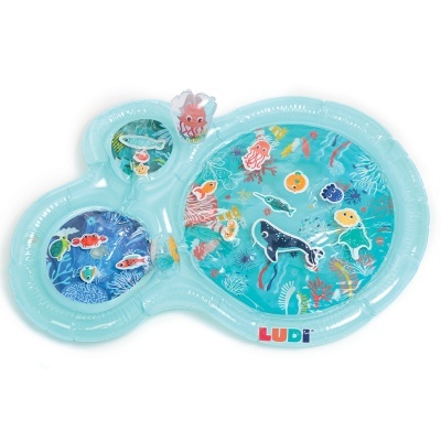 Brinquedo insuflável azul com animais marinhos, logo LUDI