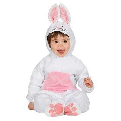 Bebé com fato de coelho branco e rosa sentado