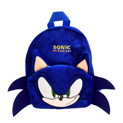 Mochila azul com rosto do Sonic em tecido felpudo e texto SONIC THE HEDGEHOG