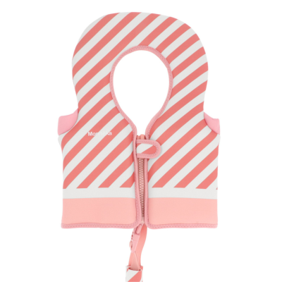 Colete salva-vidas infantil rosa e branco com riscas diagonais e fecho