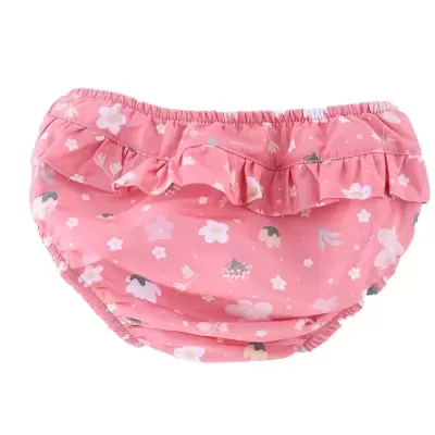 Cueca de banho rosa com padrão floral e folhos