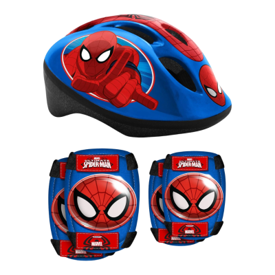 Capacete azul e kit de proteção com tema Homem-Aranha