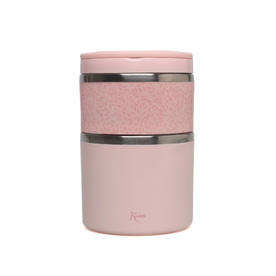 Termo alimentar rosa com padrão de folhas e detalhes em inox
