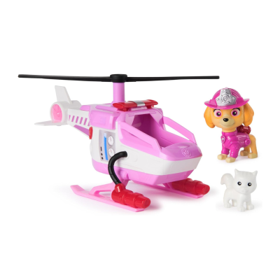 Brinquedo helicóptero rosa e branco com figuras de cão e gato em plástico