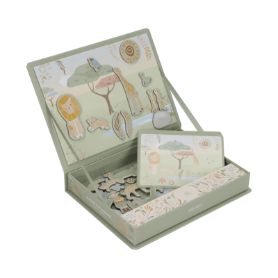 Brinquedo magnético com peças de animais em madeira e tabuleiro pastel