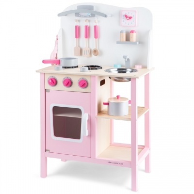 Cozinha de brincar infantil em madeira rosa e branca