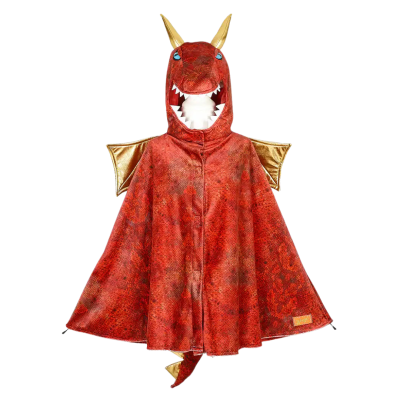 Pelerine infantil com capuz de dragão vermelho texturizado com detalhes dourados