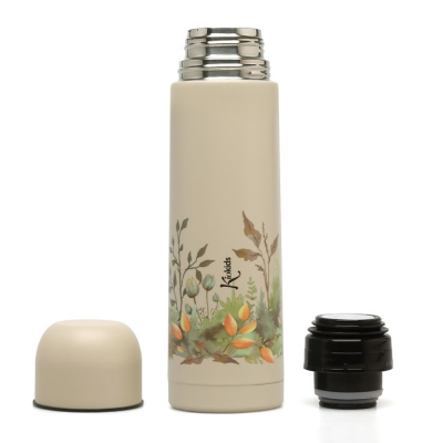 Garrafa térmica bege com padrão botânico e tampa removida