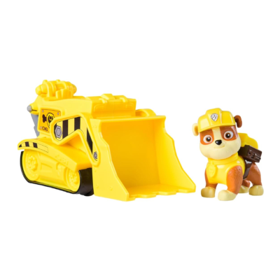 Brinquedo de escavadora amarela e figura de cão com capacete amarelo