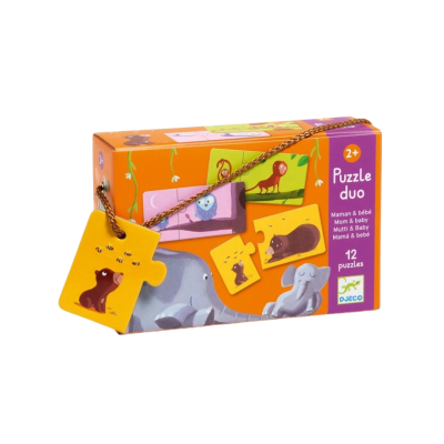 Caixa de puzzle duo DJECO laranja com 12 puzzles de animais para crianças a partir dos 2 anos