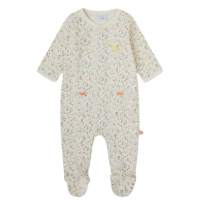 Macacão de bebê creme com padrão floral e laços cor de coral