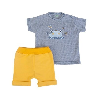 Conjunto infantil com t-shirt cinzenta com sapo estampado e calções amarelos.
