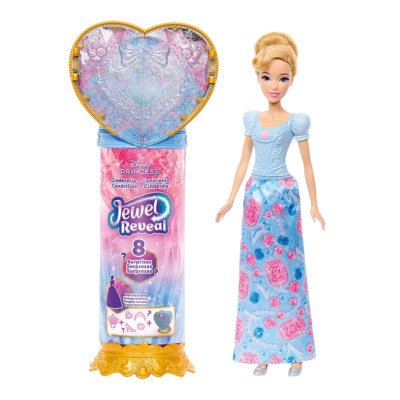 Boneca da Cinderela com vestido azul e embalagem rosa Disney Princess Jewel Reveal com texto e base dourada