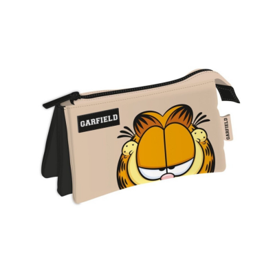 Estojo escolar bege com fecho preto e ilustração do Garfield