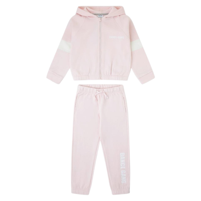 Conjunto de roupa infantil rosa com casaco de capuz, fecho e calças com estampa DANCE GANG