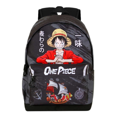 Mochila com estampa One Piece, personagem Luffy, navio pirata e texto em inglês e japonês