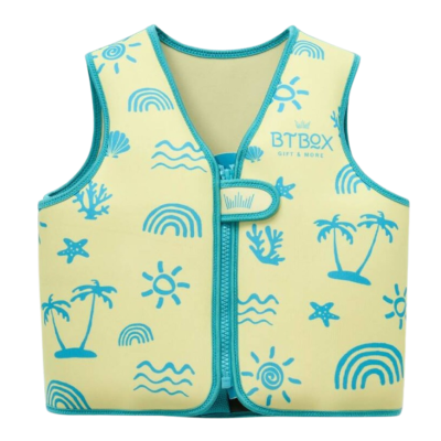 Colete infantil amarelo com padrão azul de elementos do mar e sol