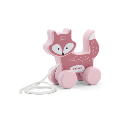 Brinquedo de raposa rosa com rodas e corda para puxar