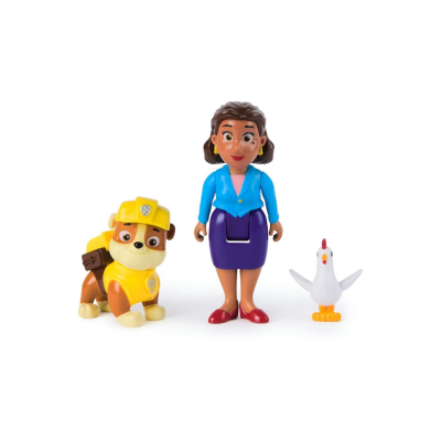 Três figuras de brinquedo: cão com capacete amarelo, mulher casaco azul e galinha branca