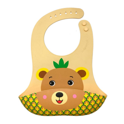 Babete silicone bege com estampa urso e bolsinha
