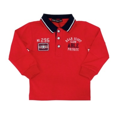 Camisola de criança vermelha com manga comprida e gola preta com risca branca