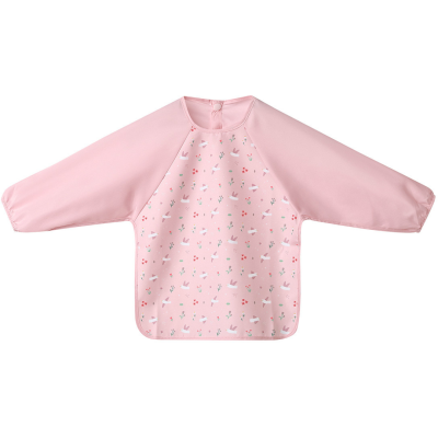 Babete rosa com mangas compridas e padrão de pássaros e flores