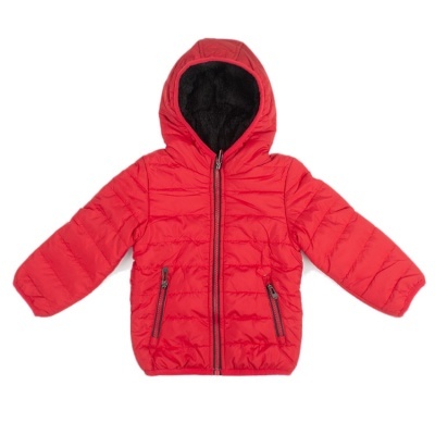 Casaco acolchoado vermelho para criança com capuz e fechos de correr