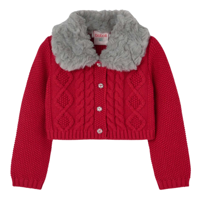 Camisola de malha vermelha com gola peluda cinzenta para criança
