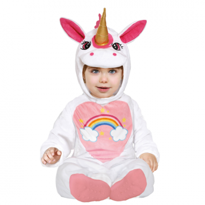 Bebé vestido com um fato de unicórnio branco e rosa com detalhes coloridos
