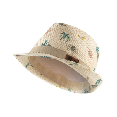 Chapéu de palha bege com padrão tropical e faixa bege