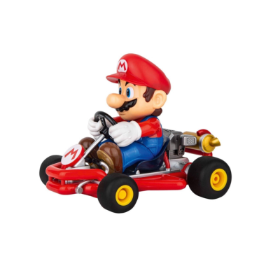 Brinquedo de Mario num kart vermelho com rodas amarelas