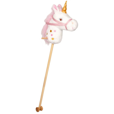 Cavalo de pau de peluche branco com crina rosa e chifre dourado