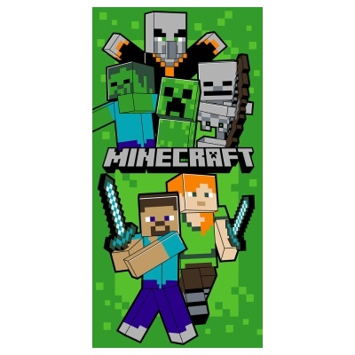 Toalha verde com personagens pixelizados do Minecraft e texto MINECRAFT