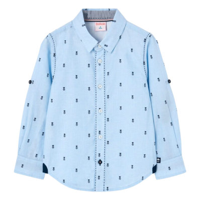 Camisa infantil azul clara com padrão de ananases pretos e botões brancos