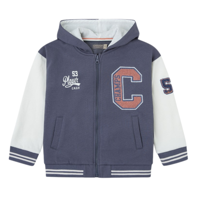 Casaco de criança azul escuro com mangas brancas e capuz