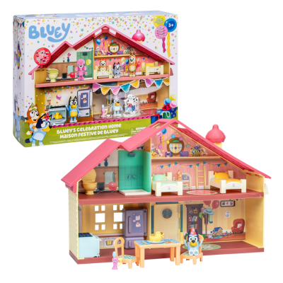 Casinha de brincar de madeira Bluey com telhado rosa e personagens no interior