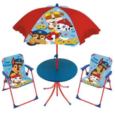 Conjunto infantil de mesa, cadeiras e guarda-sol com tema Paw Patrol em azul e vermelho