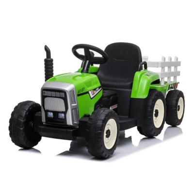 Trator verde de brinquedo infantil com reboque branco