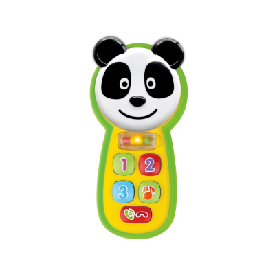 Telemóvel de brinquedo amarelo com cabeça de panda e botões coloridos