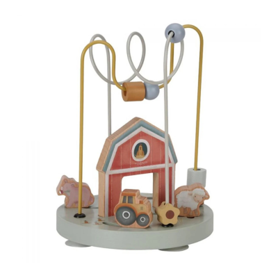 Brinquedo infantil de madeira com casa de fazenda, trator, ovelha e cavalo sobre base cinzenta