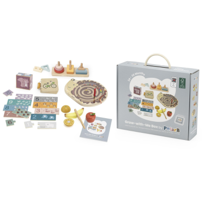 Brinquedos educativos em madeira com caixa cinzenta